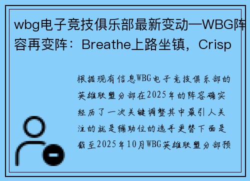 wbg电子竞技俱乐部最新变动—WBG阵容再变阵：Breathe上路坐镇，Crisp回归助阵新阵蓄势待发