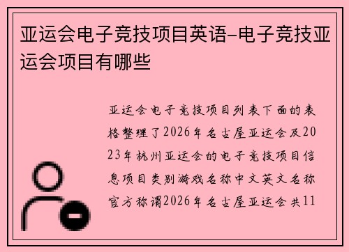 亚运会电子竞技项目英语-电子竞技亚运会项目有哪些